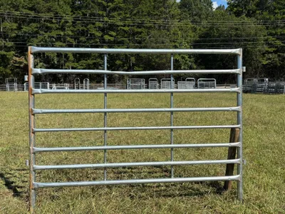 Galvanized 6x8 heavy corral panel standing in a pasture