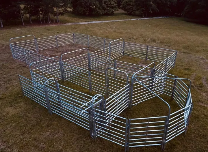 Caperton cattle handling system set up in a field: sweep tub, alley, catch pen and holding pens of galvanized panels