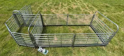 Edgewater cattle handling system with 90-degree sweep tub, alley and holding pen in grass