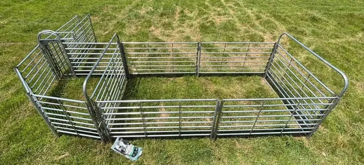 Edgewater cattle handling system with 90-degree sweep tub, alley and holding pen in grass