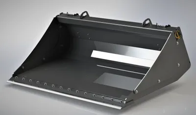 Solid smooth-edge skid steer bucket, studio view