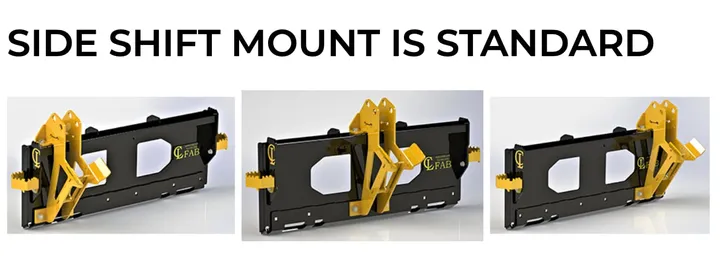 Auger drive side shift mount shown in three positions, labelled "Side shift mount is standard"