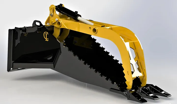 Stump bucket with optional hydraulic grapple, studio render