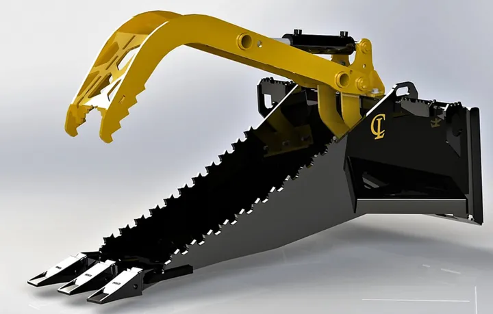Stump bucket with the grapple open, side render