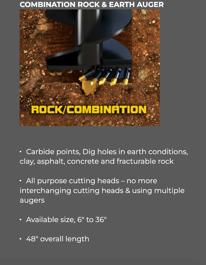 Combination rock and earth auger: carbide points for earth, clay, asphalt, concrete and fracturable rock, 6 to 36 inch sizes, 48 inch overall length