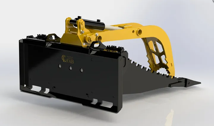 Stump bucket with grapple, rear view of the quick-attach plate