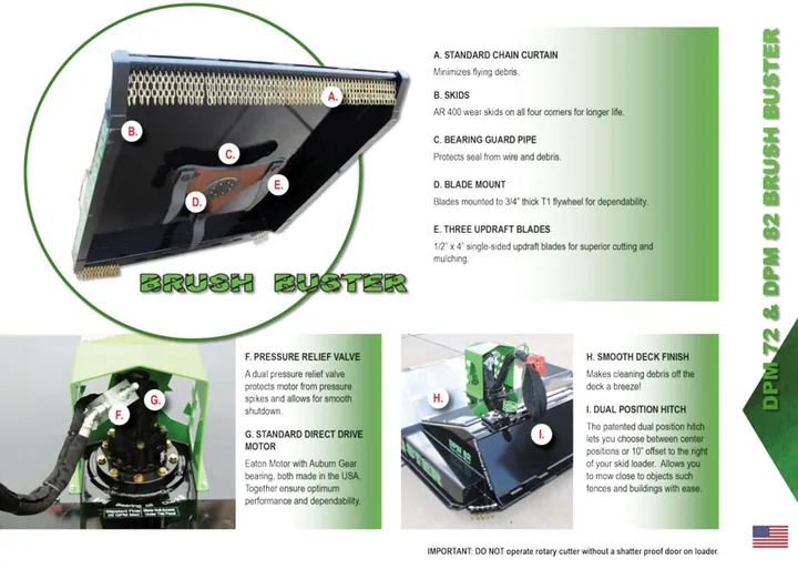 DPM 72 and DPM 82 Brush Buster feature sheet with labelled components